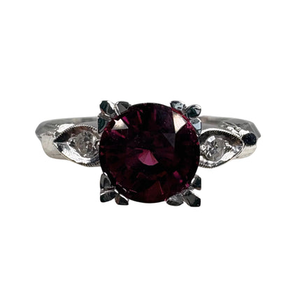 Mid Century Rhodolite Garnet Diamond 14k White Gold Ring