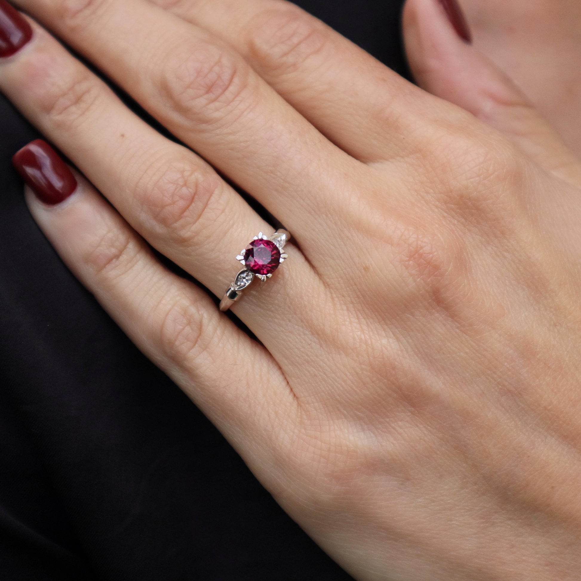 Mid Century Rhodolite Garnet Diamond 14k White Gold Ring