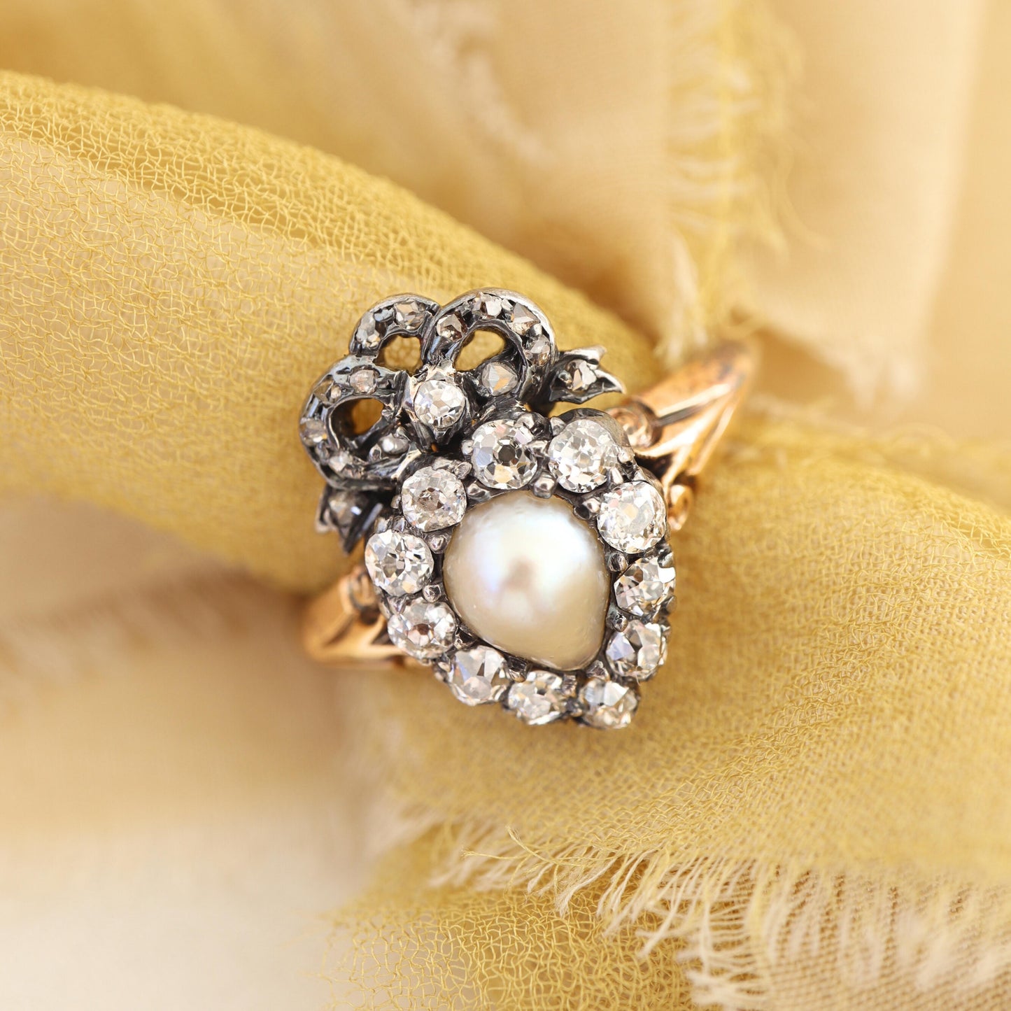 Victorian Pearl Diamond 18k Yellow Gold Silver Heart Ring