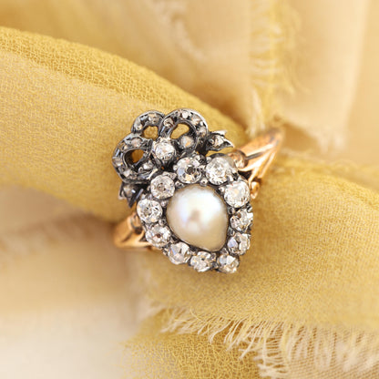 Victorian Pearl Diamond 18k Yellow Gold Silver Heart Ring