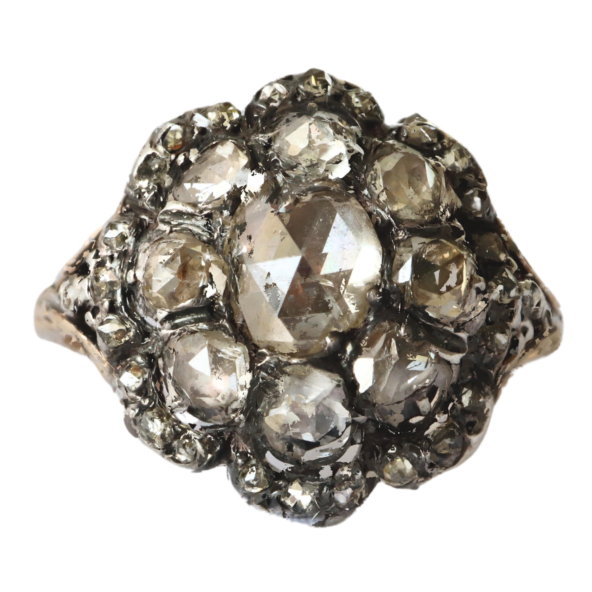 Georgian Rose Cut Diamond 14k Yellow Gold Silver Cluster Ring