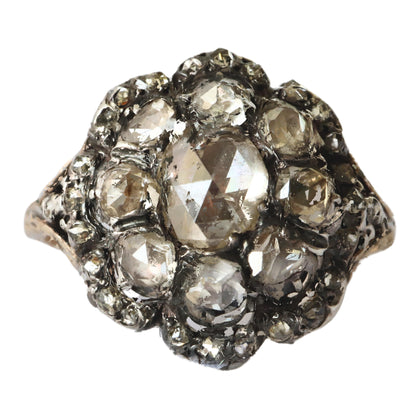 Georgian Rose Cut Diamond 14k Yellow Gold Silver Cluster Ring