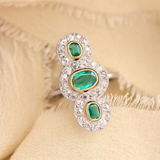 French Edwardian Emerald Diamond Platinum 18k Gold Three Stone Ring