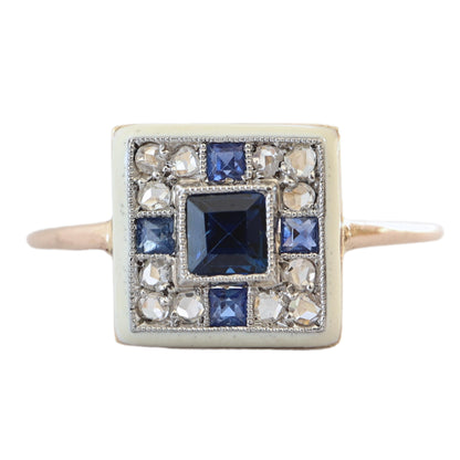 Edwardian Sapphire Diamond Enamel 14k Yellow Gold Ring