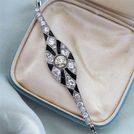 French Art Deco Diamond Onyx Platinum Bracelet