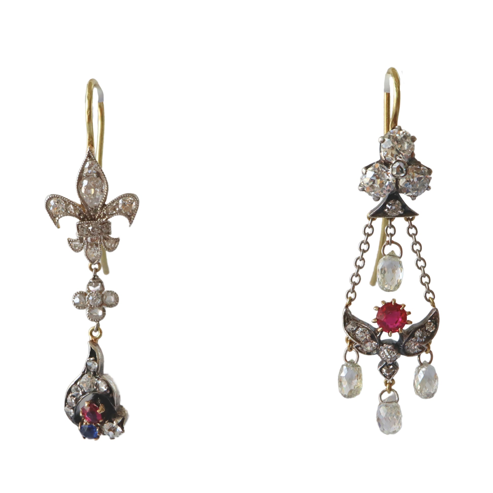 Victorian Diamond Ruby Sapphire 18k Silver Stick Pin Earrings