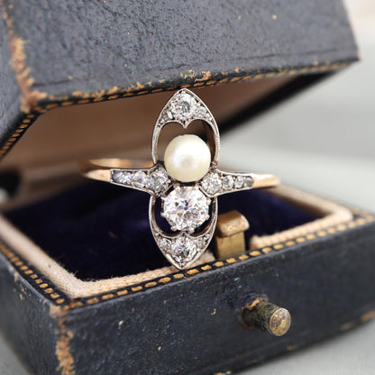 Edwardian Diamond Pearl 18k Platinum Toi et Moi Ring