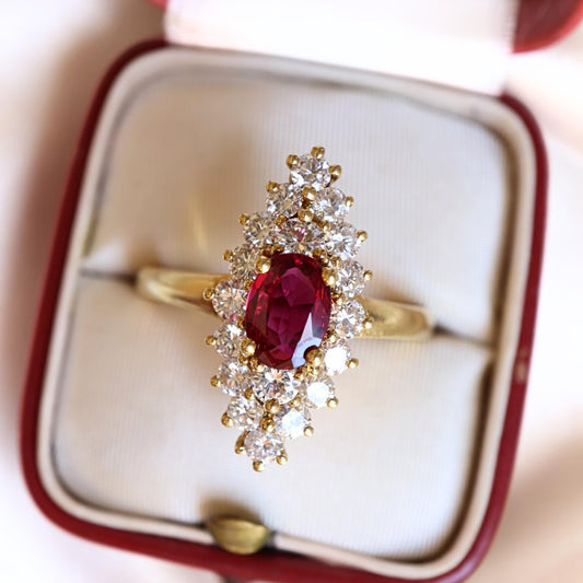 Vintage GIA 0.65 No Heat Thai Ruby Diamond 18k Yellow Gold Navette Ring