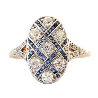 Edwardian Sapphire Diamond 18k Yellow Gold Platinum Ring