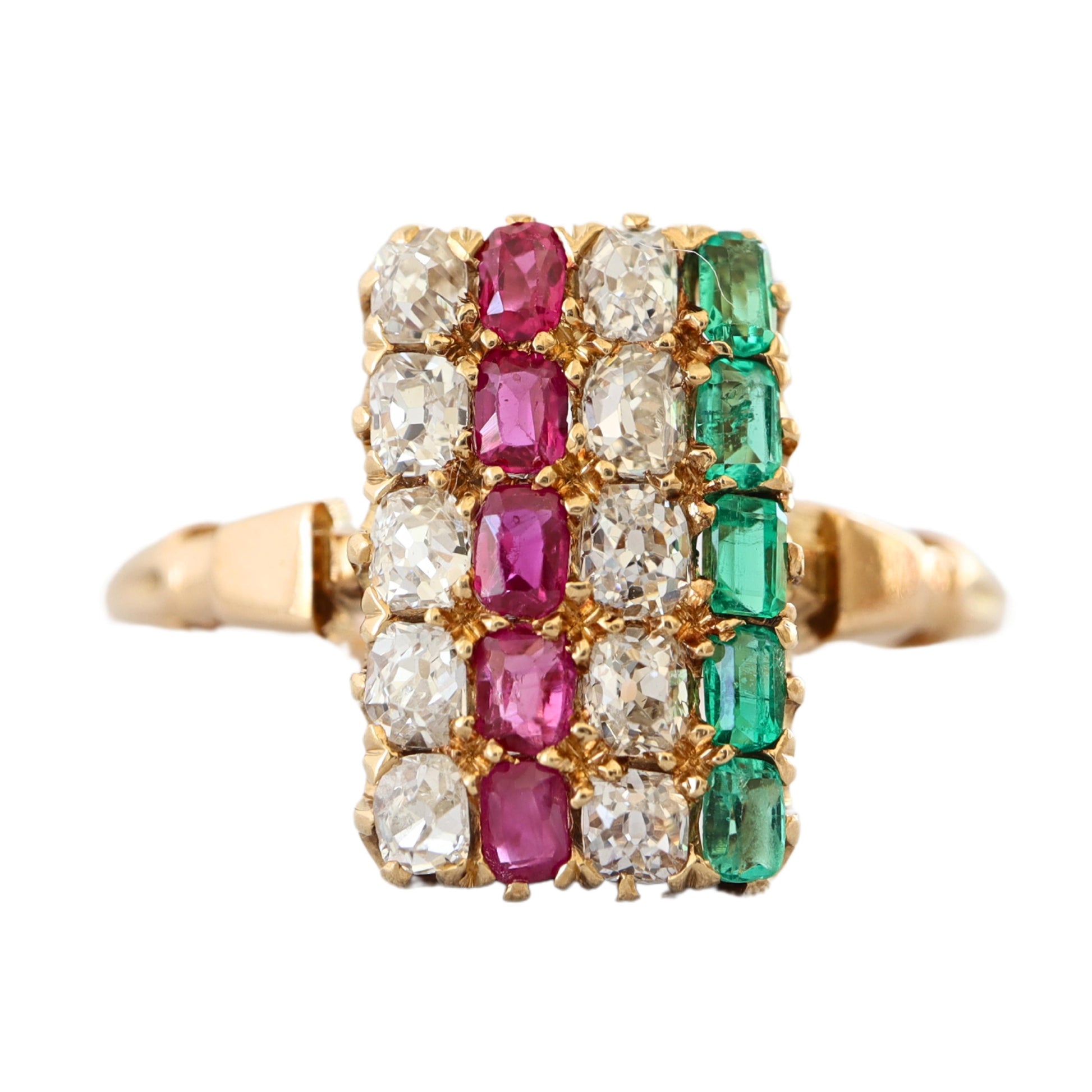 Edwardian Diamond Ruby Emerald 18k Yellow Gold Plaque Ring