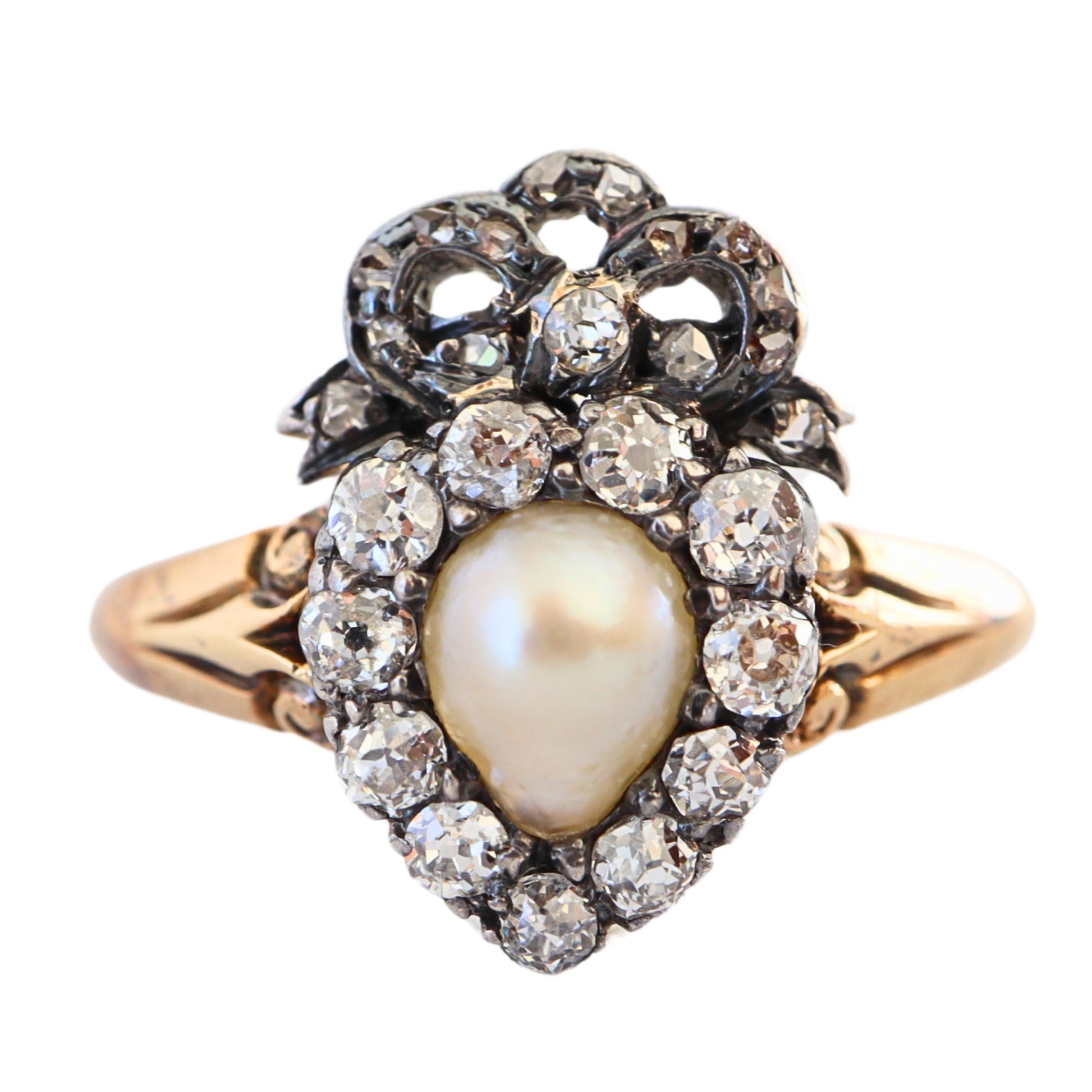 Victorian Pearl Diamond 18k Yellow Gold Silver Heart Ring