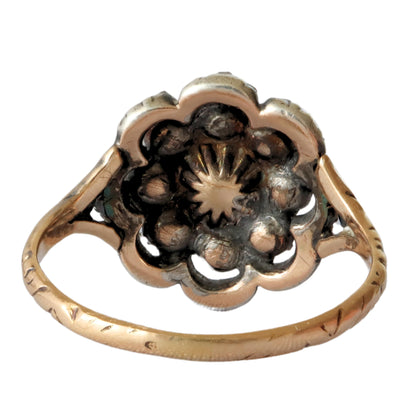 Georgian Rose Cut Diamond 14k Yellow Gold Silver Cluster Ring