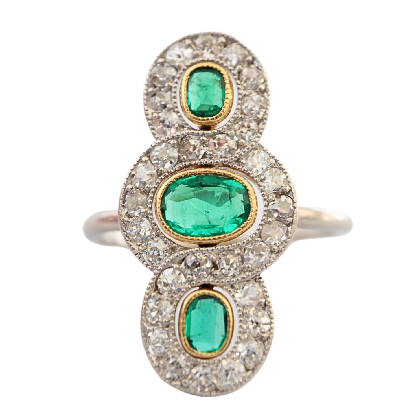 French Edwardian Emerald Diamond Platinum 18k Gold Three Stone Ring