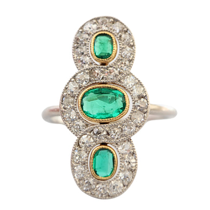 French Edwardian Emerald Diamond Platinum 18k Gold Three Stone Ring