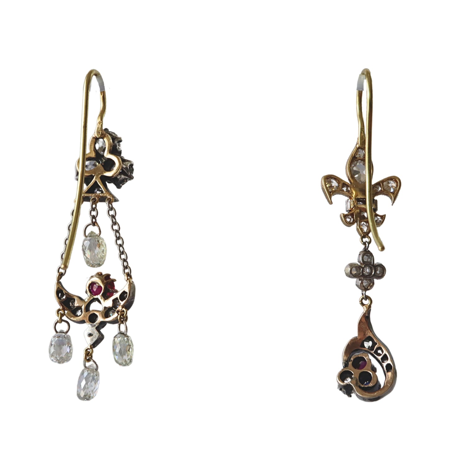 Victorian Diamond Ruby Sapphire 18k Silver Stick Pin Earrings