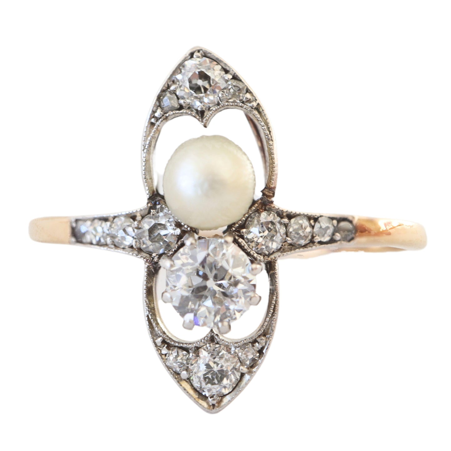 Edwardian Diamond Pearl 18k Platinum Toi et Moi Ring