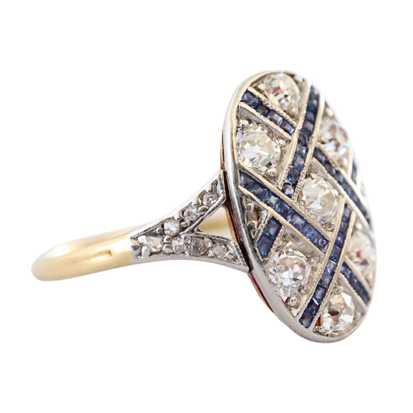 Edwardian Sapphire Diamond 18k Yellow Gold Platinum Ring