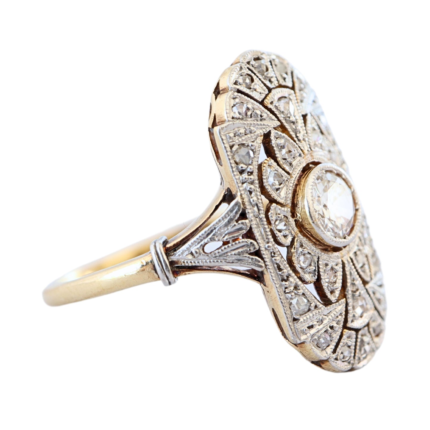 Edwardian Diamond 18k Yellow Gold Platinum Dinner Ring