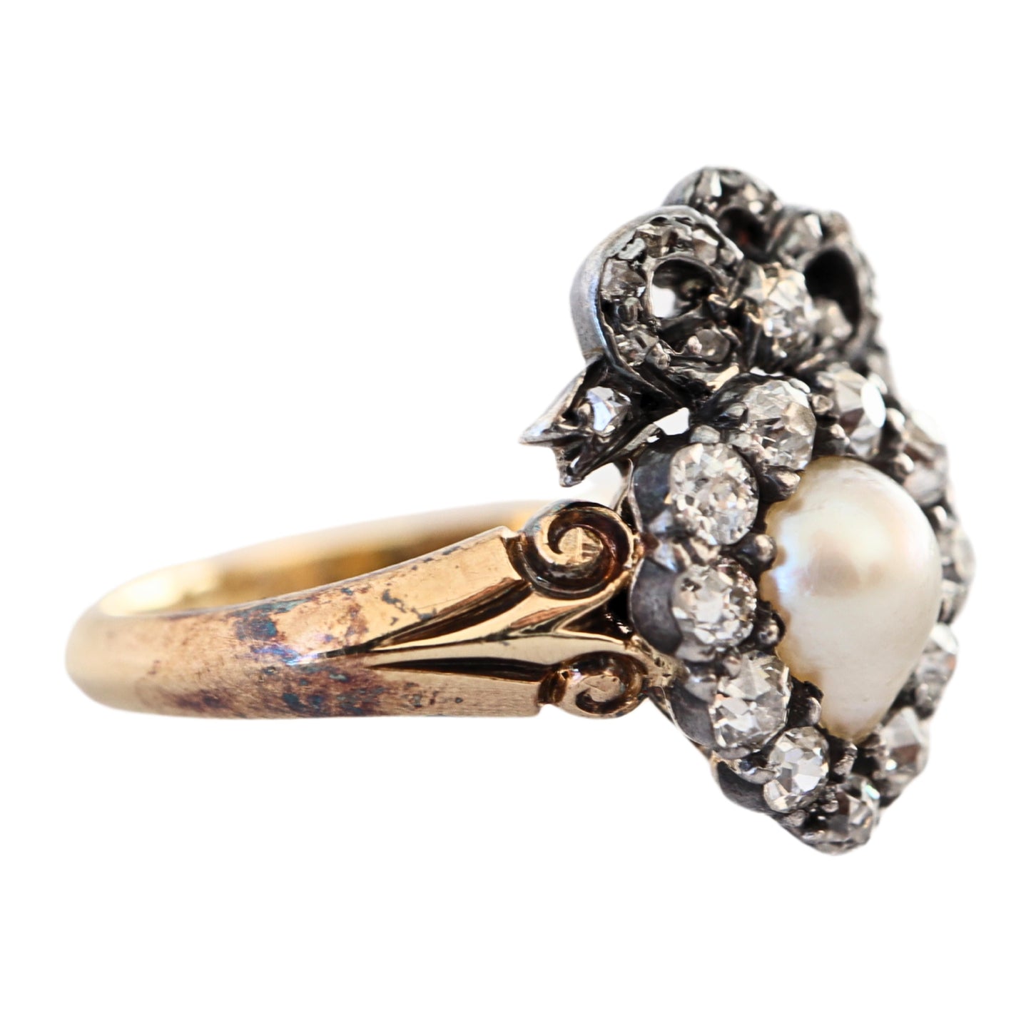 Victorian Pearl Diamond 18k Yellow Gold Silver Heart Ring