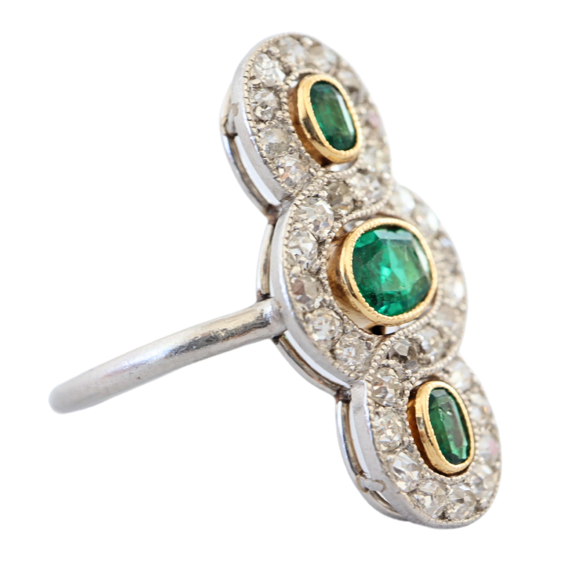 French Edwardian Emerald Diamond Platinum 18k Gold Three Stone Ring