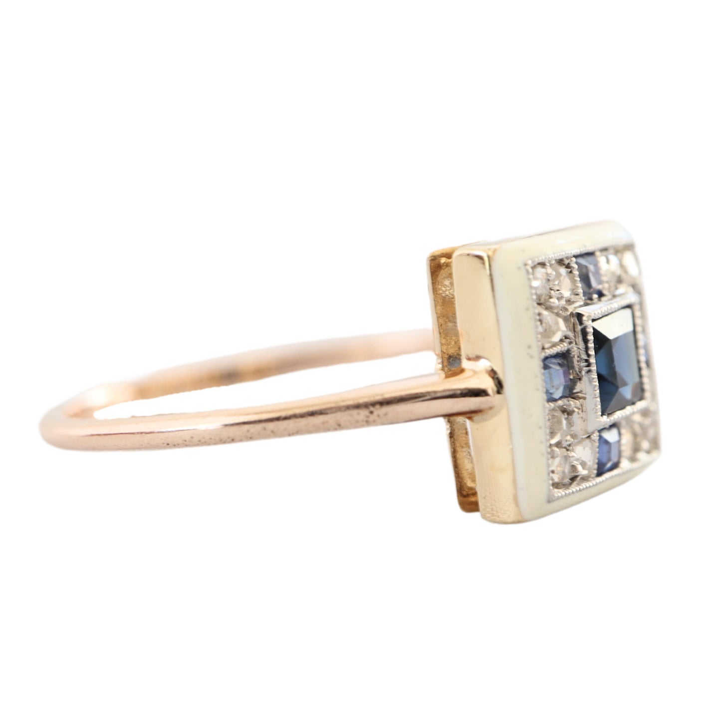 Edwardian Sapphire Diamond Enamel 14k Yellow Gold Ring