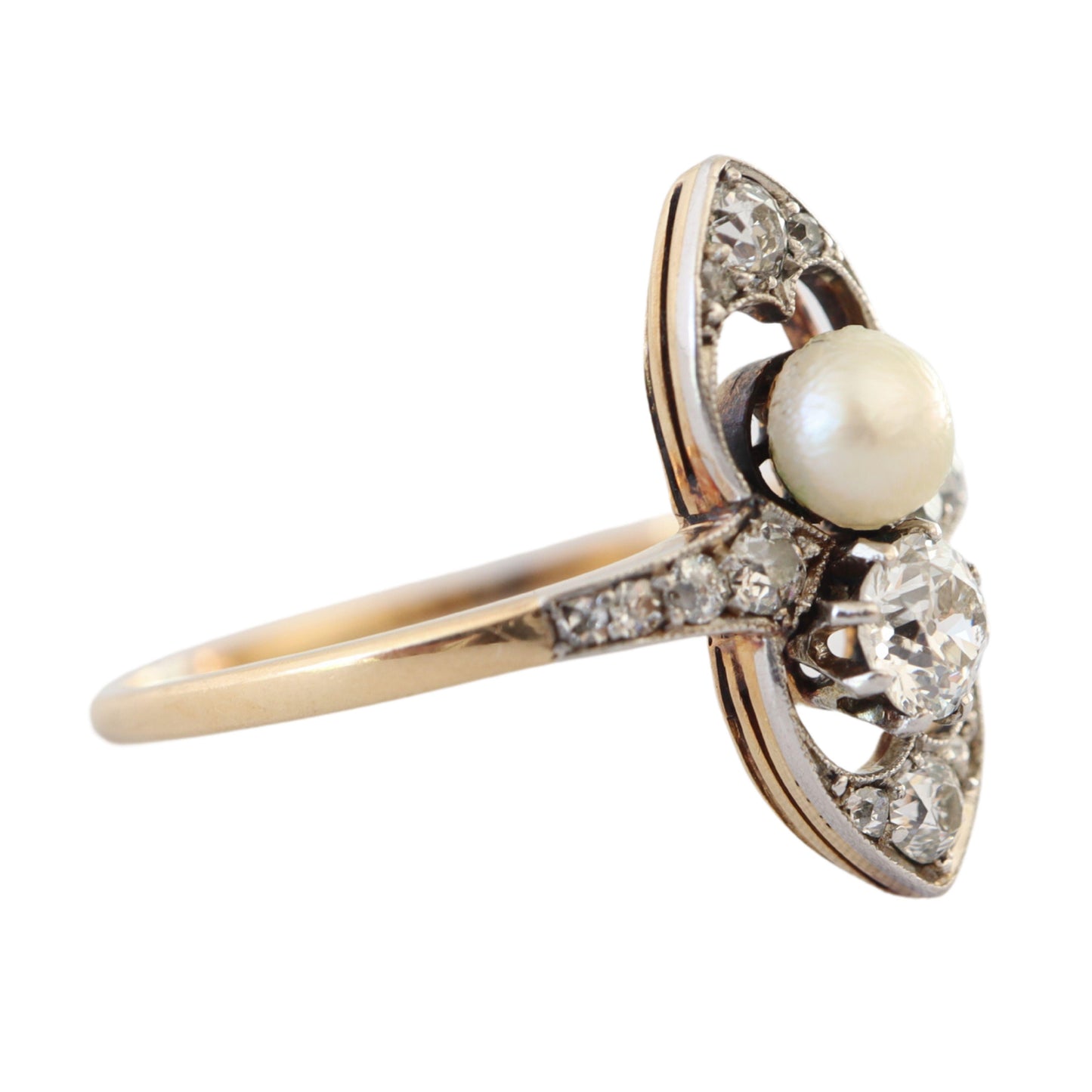 Edwardian Diamond Pearl 18k Platinum Toi et Moi Ring