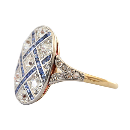 Edwardian Sapphire Diamond 18k Yellow Gold Platinum Ring