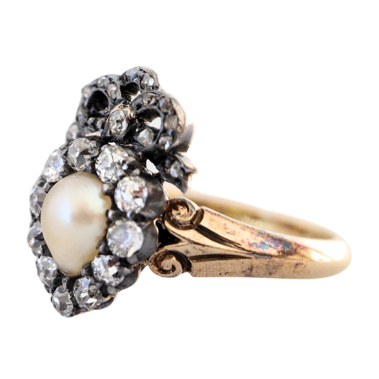 Victorian Pearl Diamond 18k Yellow Gold Silver Heart Ring