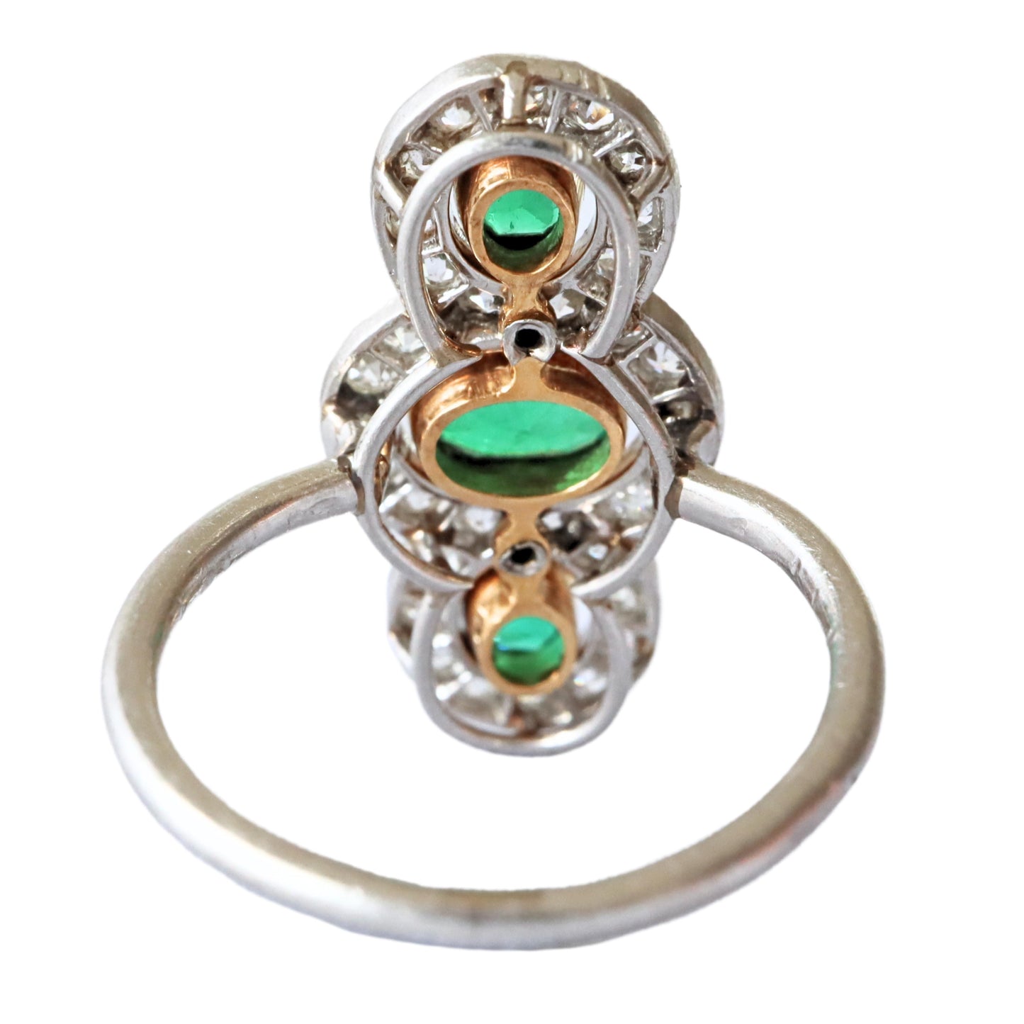 French Edwardian Emerald Diamond Platinum 18k Gold Three Stone Ring