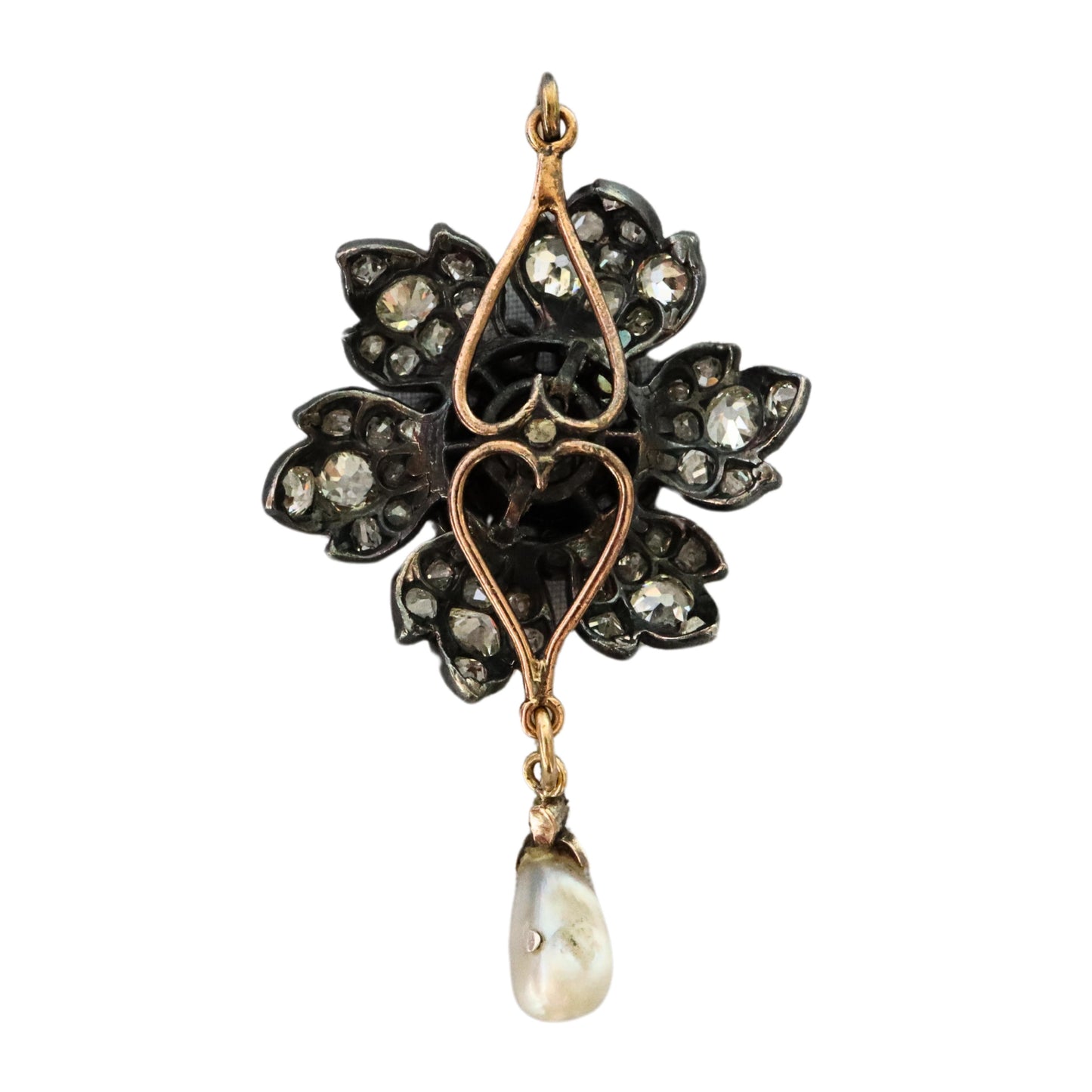 Victorian Pearl Diamond 18k Yellow Gold Silver Pendant