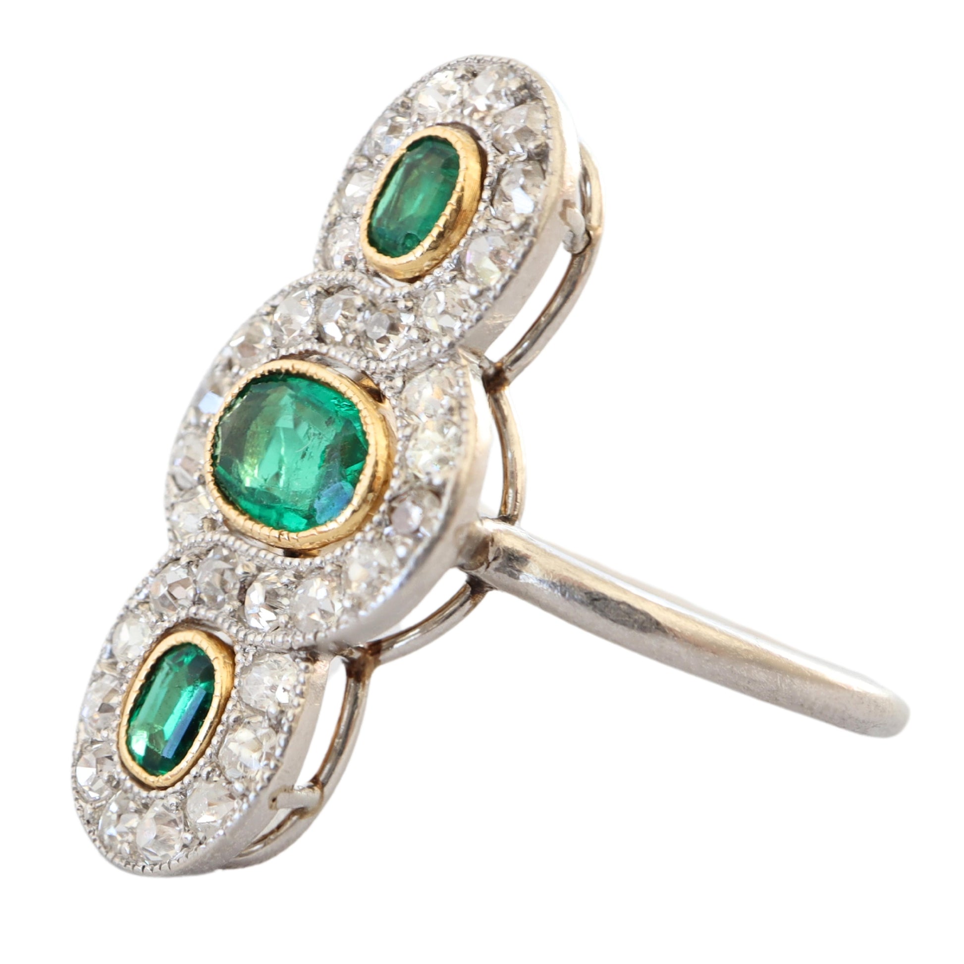 French Edwardian Emerald Diamond Platinum 18k Gold Three Stone Ring