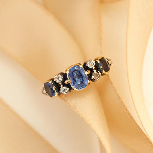 Georgian Sapphire Diamond 14k Yellow Gold Silver Ring