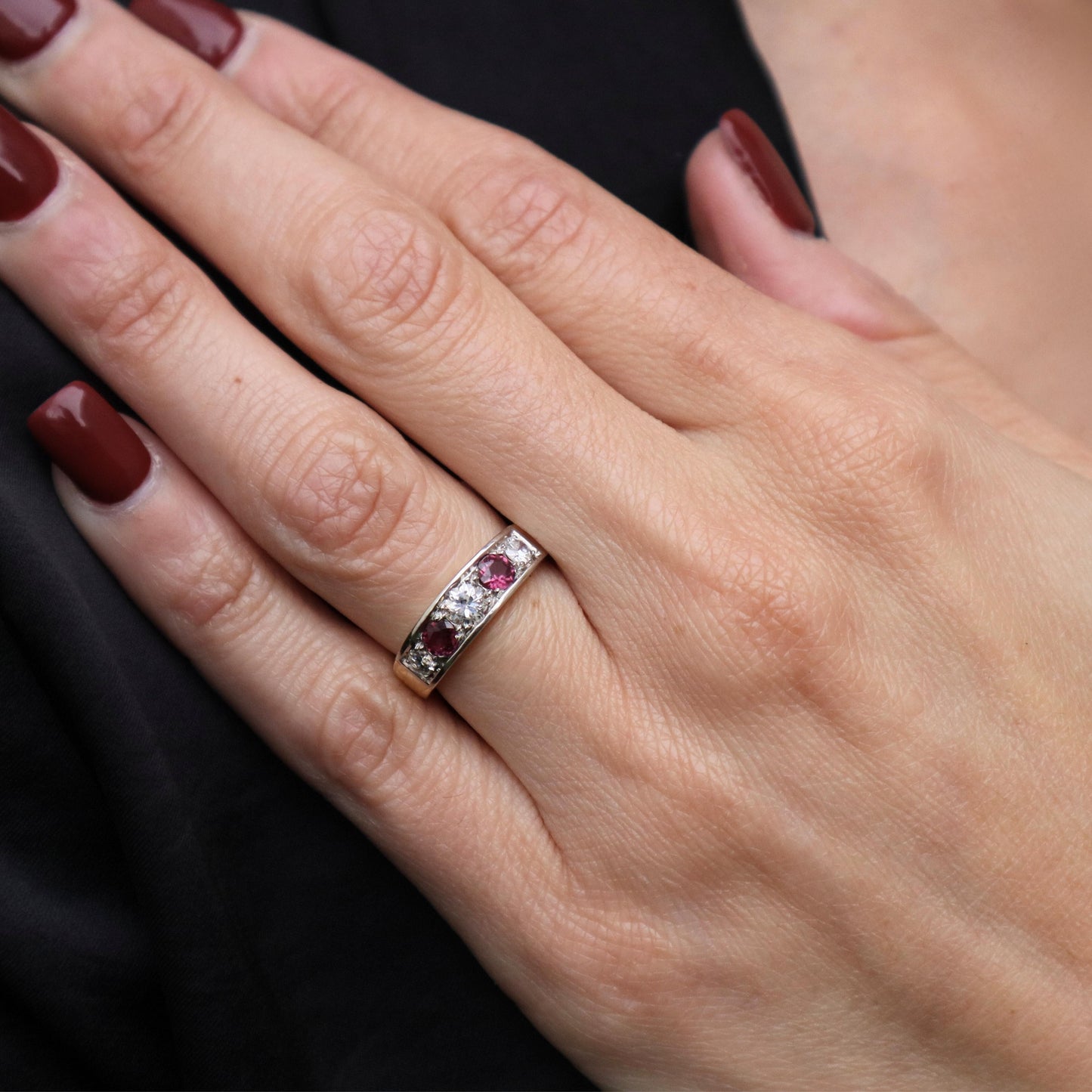 Ruby Diamond 18k Yellow Gold Platinum Five Stone Band Ring