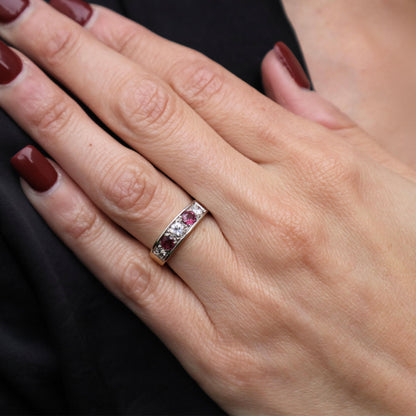 Ruby Diamond 18k Yellow Gold Platinum Five Stone Band Ring