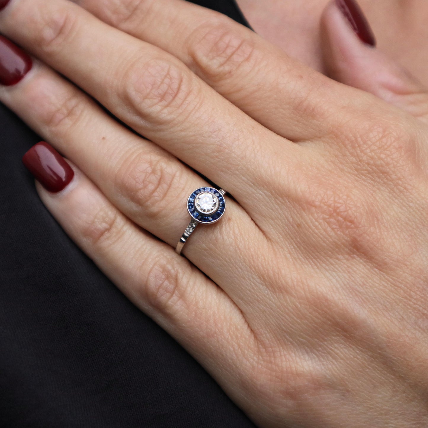Art Deco Inspired Diamond Sapphire Platinum Target Ring