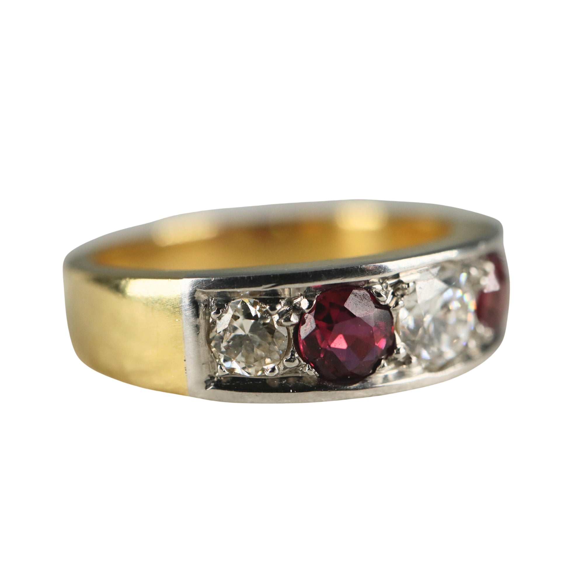 Ruby Diamond 18k Yellow Gold Platinum Five Stone Band Ring