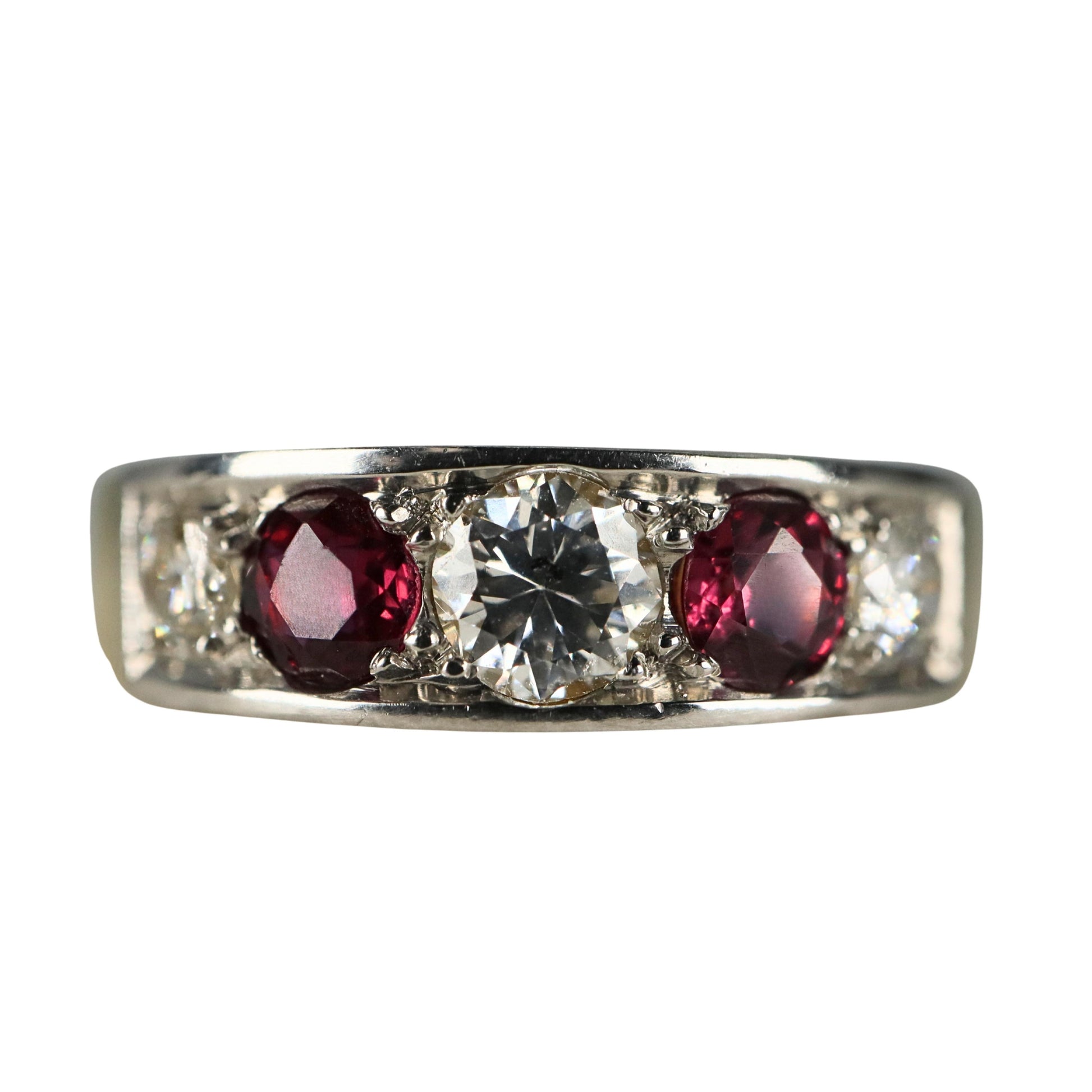 Ruby Diamond 18k Yellow Gold Platinum Five Stone Band Ring