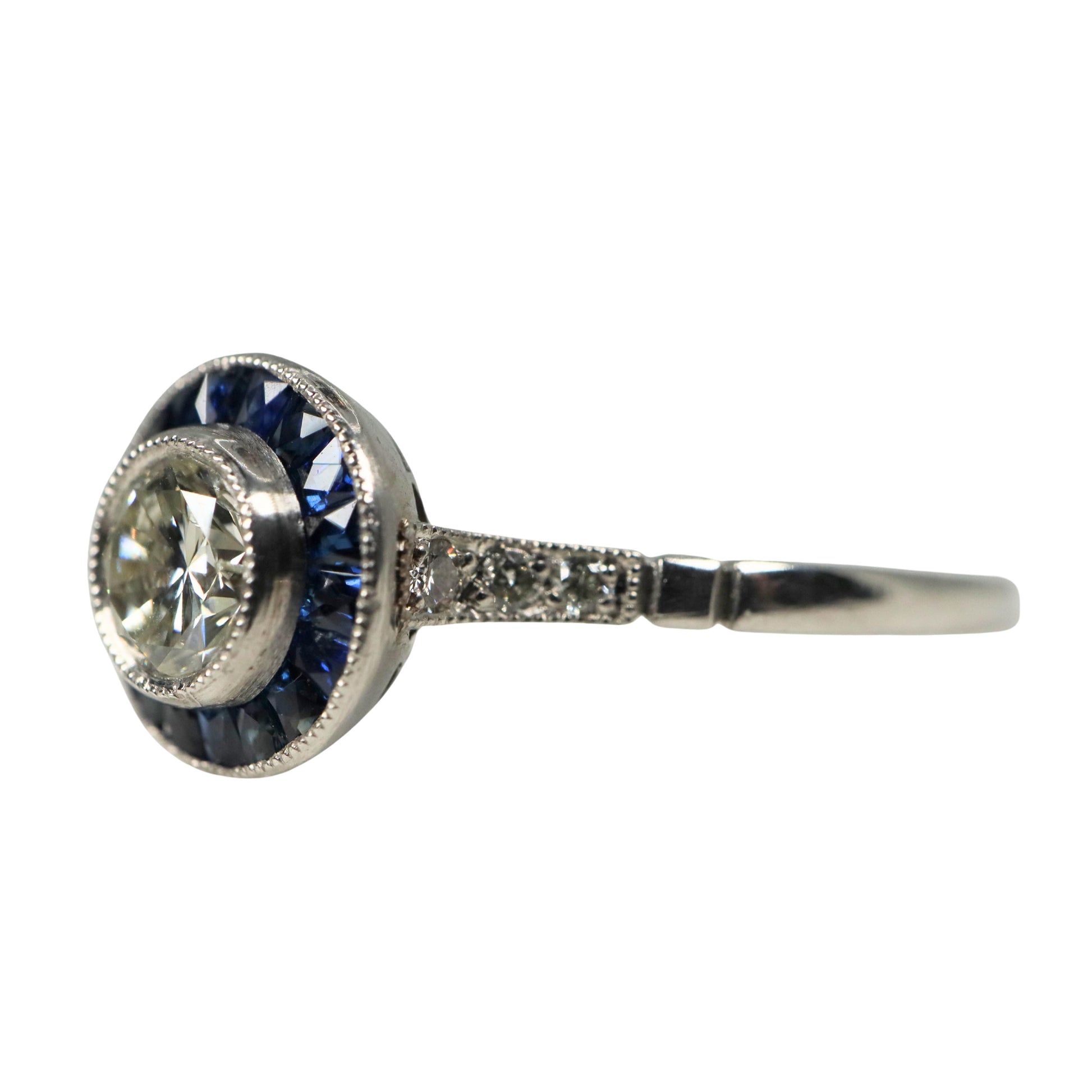 Art Deco Inspired Diamond Sapphire Platinum Target Ring