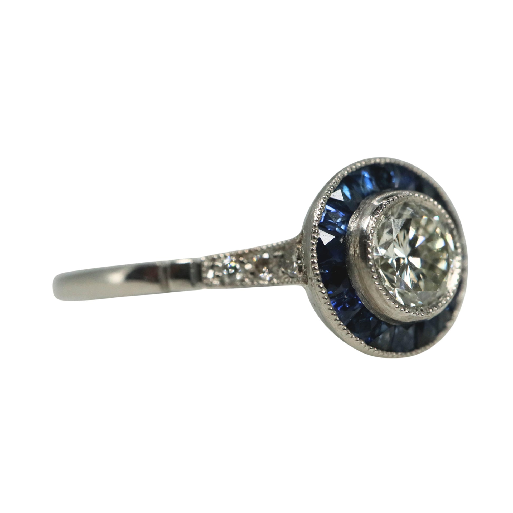 Art Deco Inspired Diamond Sapphire Platinum Target Ring