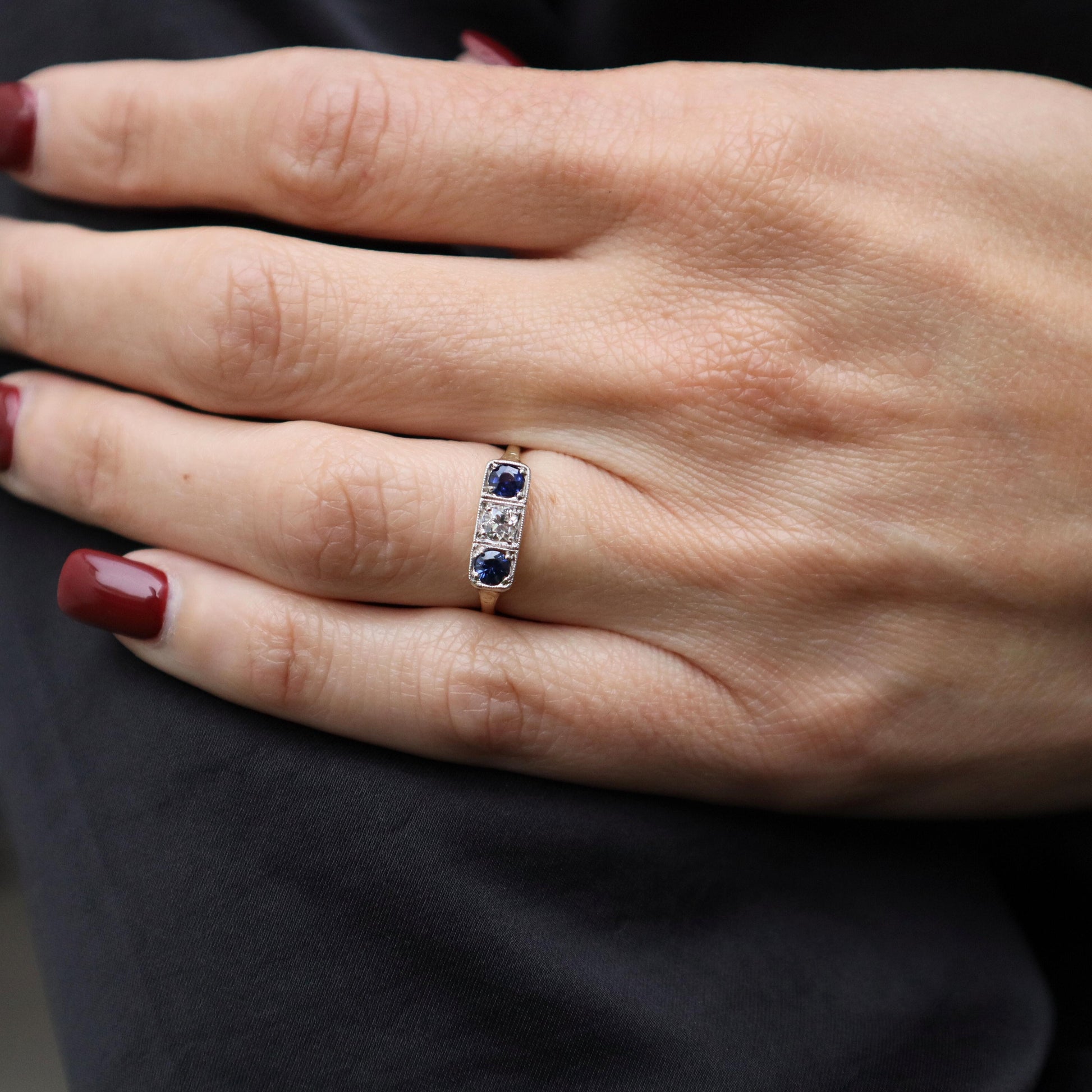 Art Deco Diamond Sapphire 14k Yellow Gold Platinum Three Stone Ring