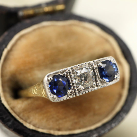 Art Deco Diamond Sapphire 14k Yellow Gold Platinum Three Stone Ring