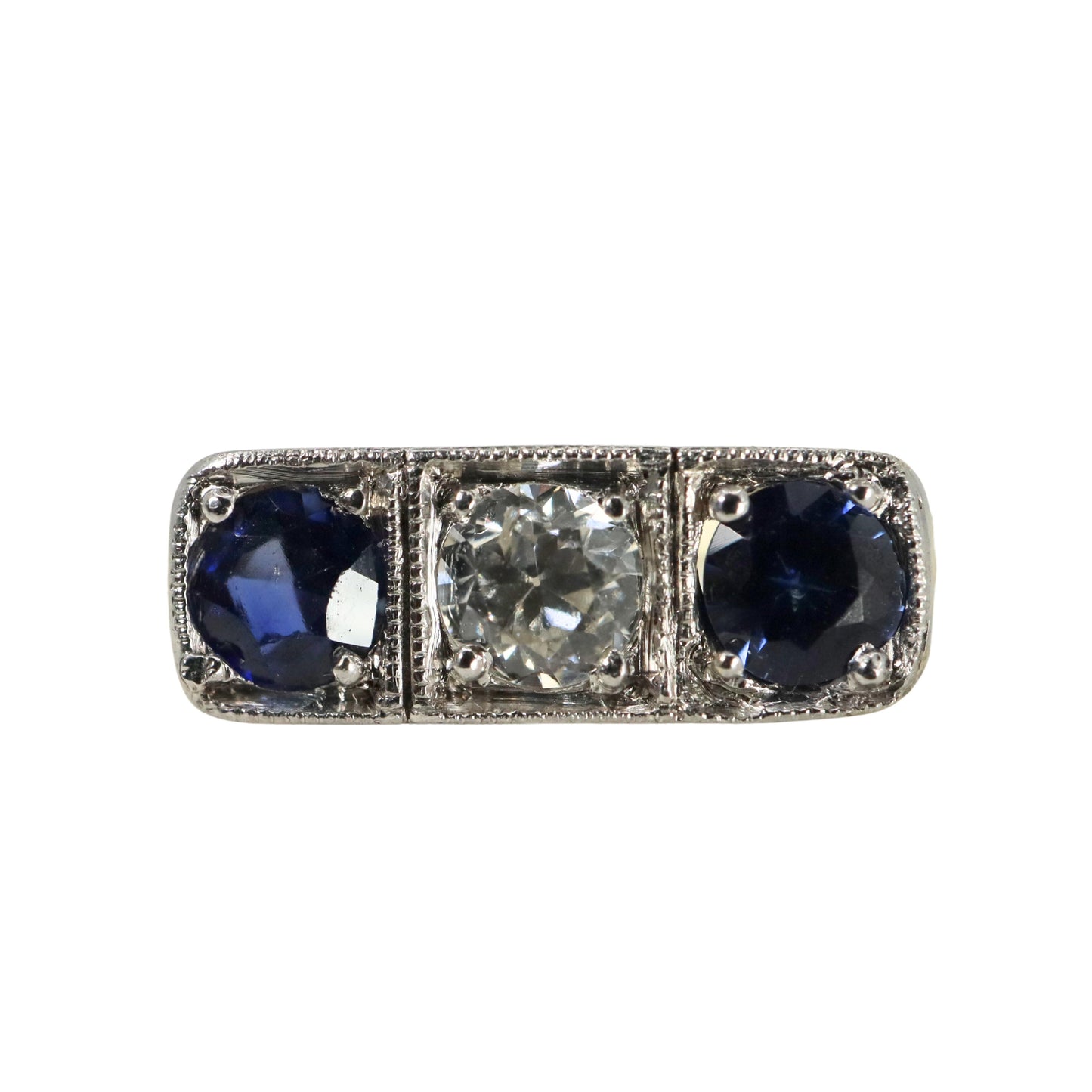 Art Deco Diamond Sapphire 14k Yellow Gold Platinum Three Stone Ring