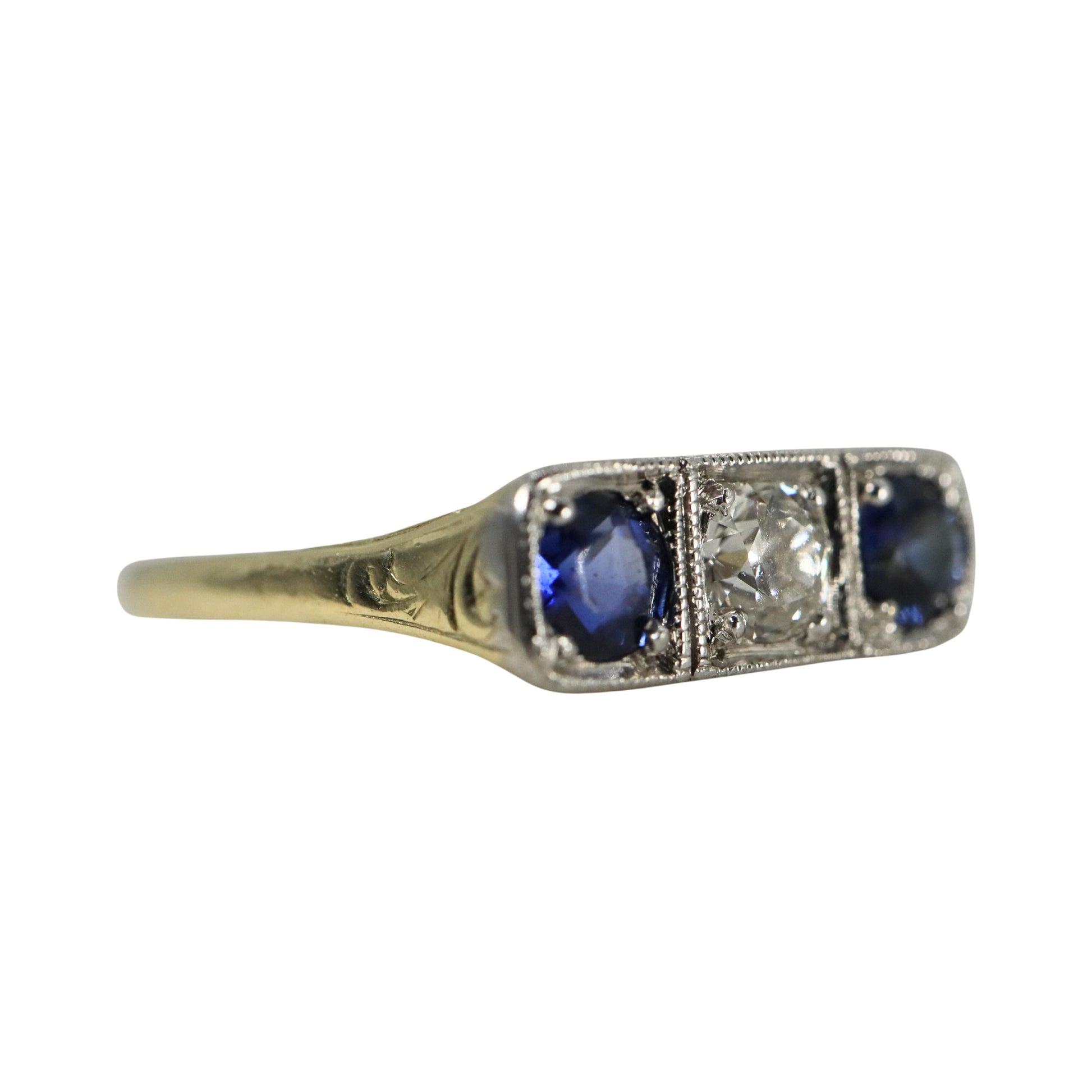 Art Deco Diamond Sapphire 14k Yellow Gold Platinum Three Stone Ring