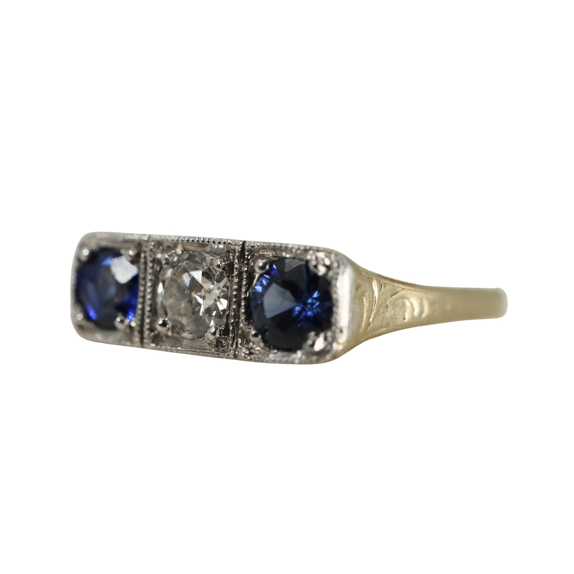 Art Deco Diamond Sapphire 14k Yellow Gold Platinum Three Stone Ring