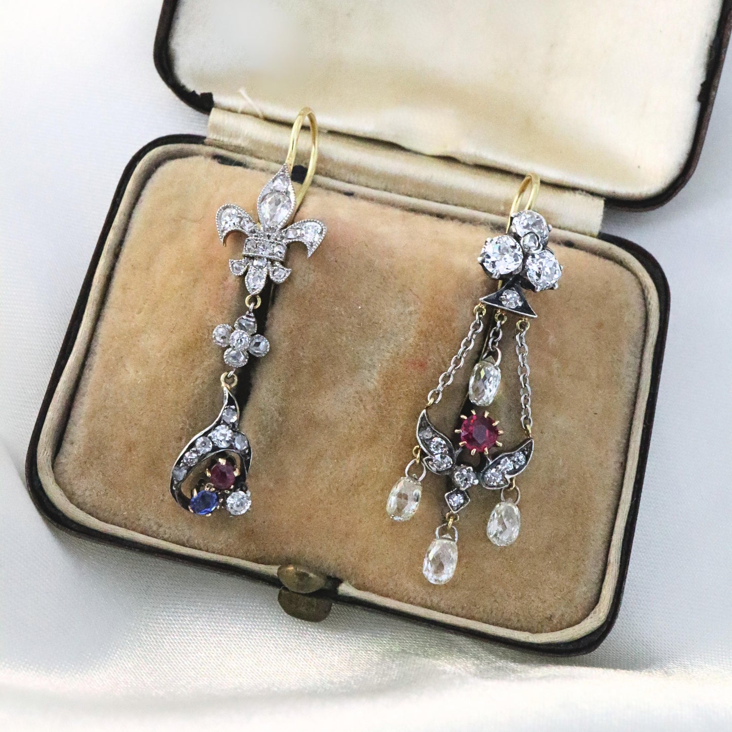 Victorian Diamond Ruby Sapphire 18k Silver Stick Pin Earrings