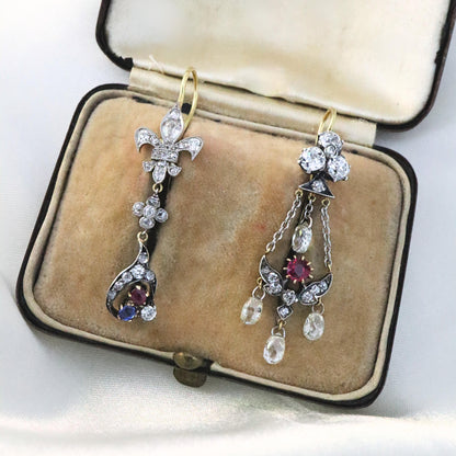 Victorian Diamond Ruby Sapphire 18k Silver Stick Pin Earrings