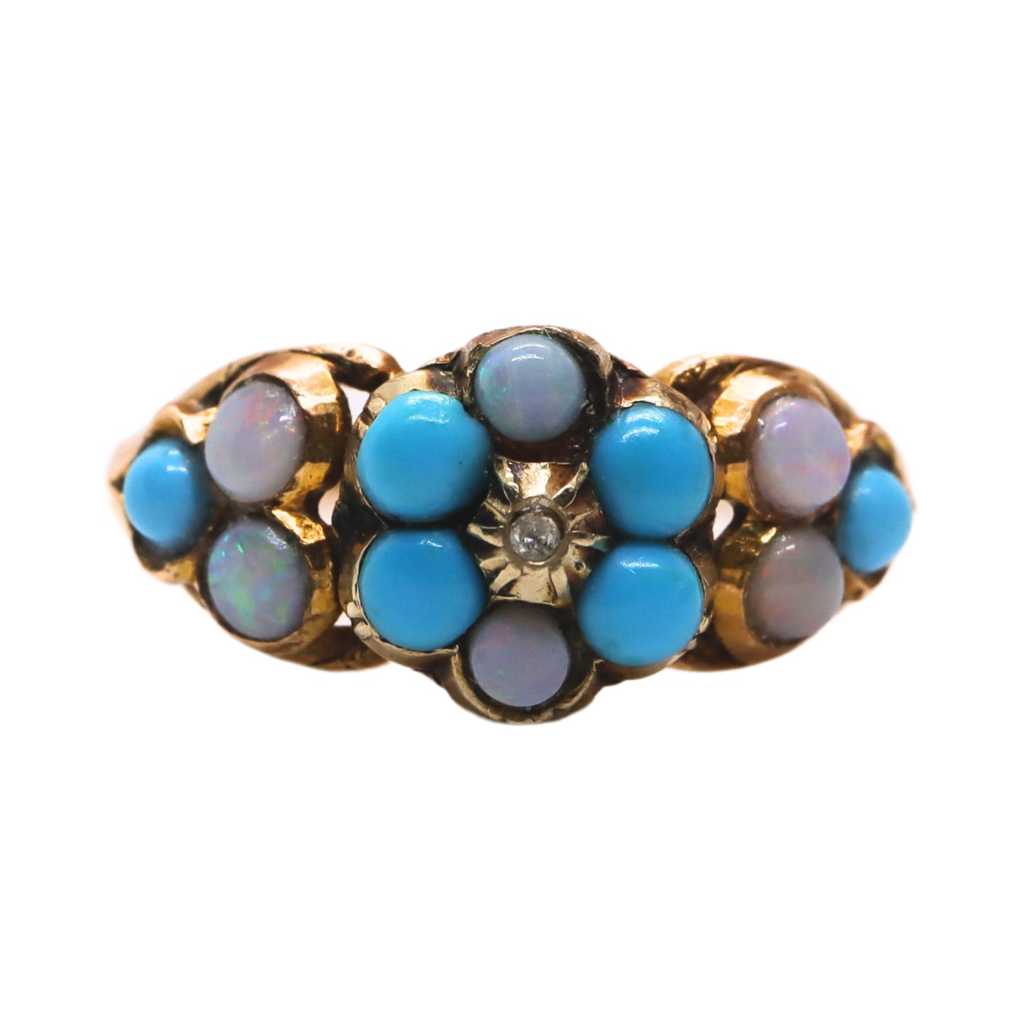 Victorian Diamond Turquoise Opal 18k Yellow Gold Forget Me Not Ring