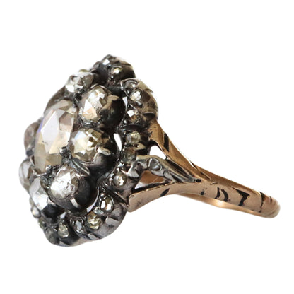 Georgian Rose Cut Diamond 14k Yellow Gold Silver Cluster Ring