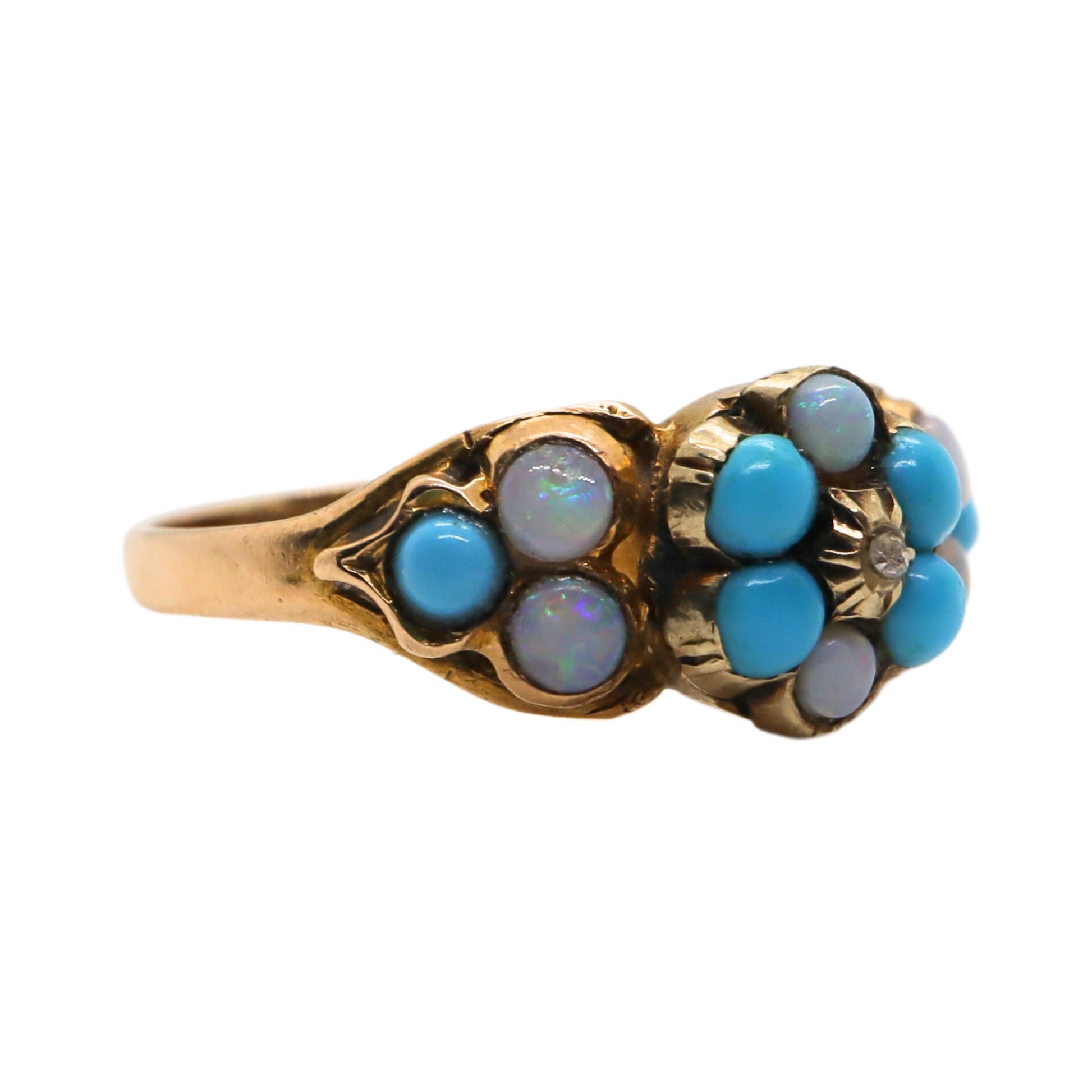 Victorian Diamond Turquoise Opal 18k Yellow Gold Forget Me Not Ring