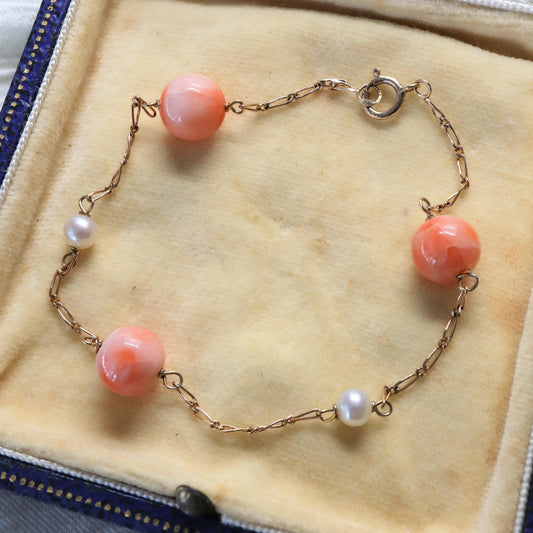 Coral Pearl 9k Yellow Gold Station Bracelet